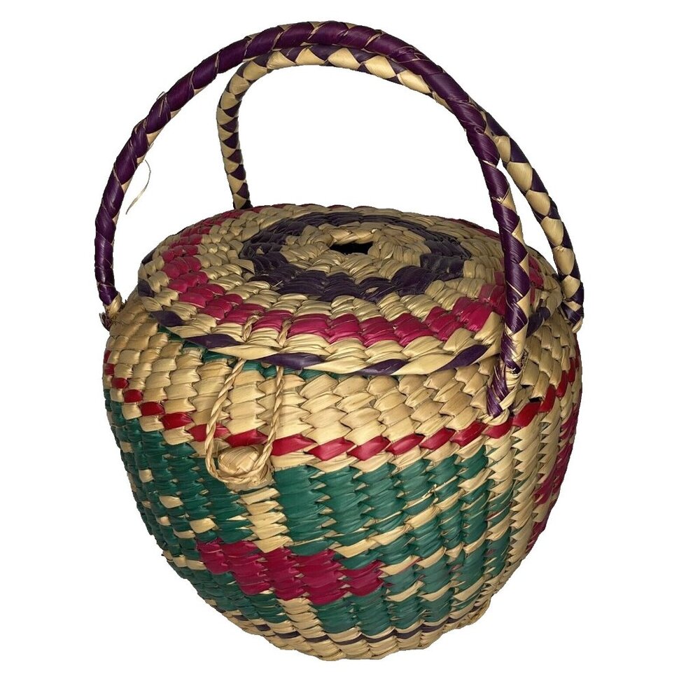 Boho Bohemian BIG Ethnic Woven Basket Bag Tote Market Basket Pink Purple Green